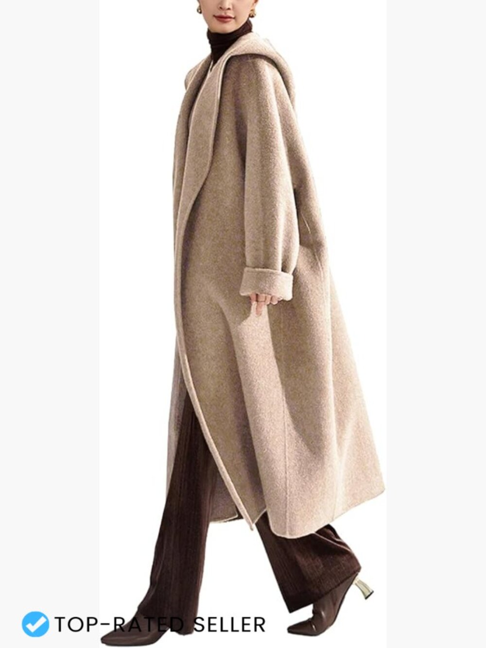 Wool Blend Long Trench Coat with Hood Belted Open Front Slim Fit Winter Warm
